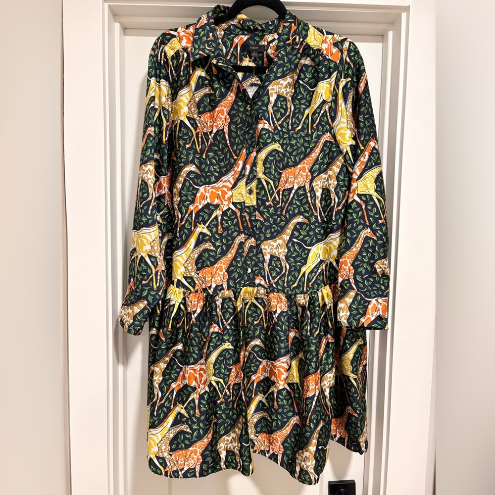 Jcrew NWT- Giraffe Print Long Sleeve Drop Waist Dress - Black, Orange, Yellow